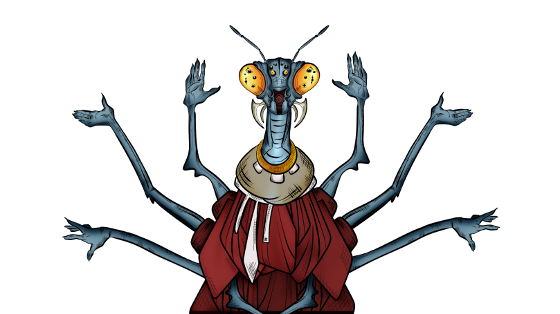 A bug priest, arms outstretched