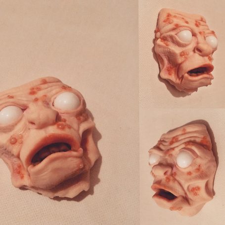 A montage made of three images of a polymer clay face with pustules