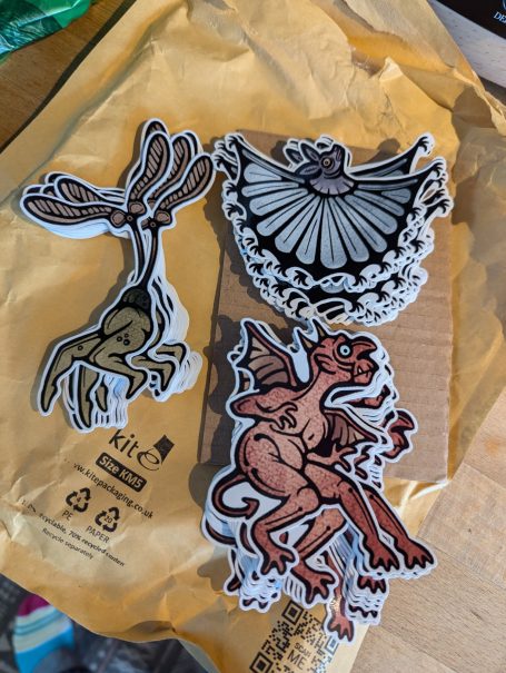 Marginalia inspired stickers: Maple Fairy, Cheeky Wee Devil and Weird Bat