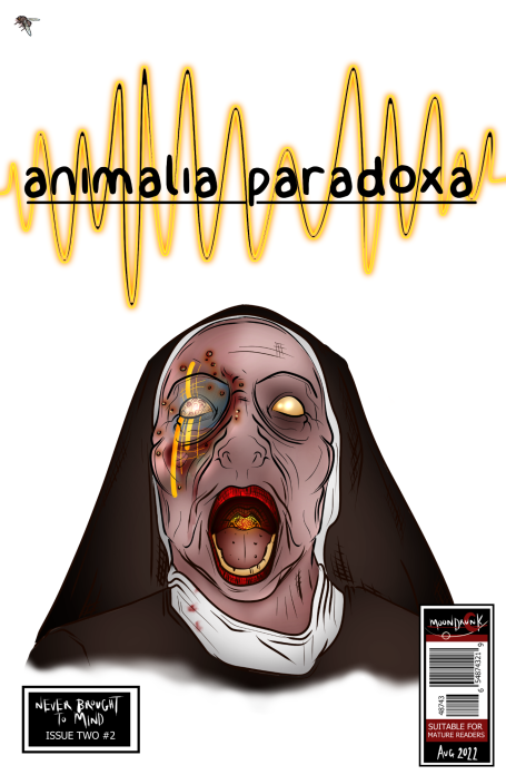 A screaming nun with supernatural damage to her face.  The words 'Animalia Paradoxa' are above her