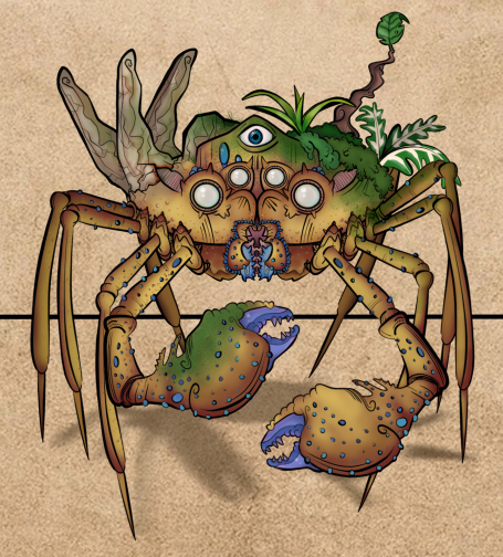 A drawing of an elemental crab with elements of rock and plants merged with its body