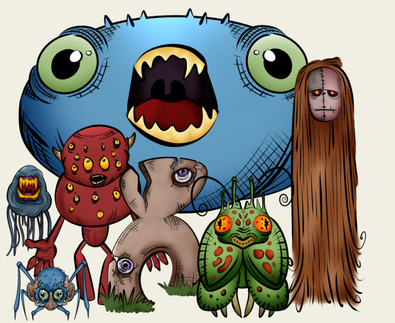 A selection of six doodled monsters