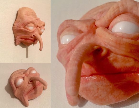 A montage made of three images of a polymer clay face with a long drooping nose